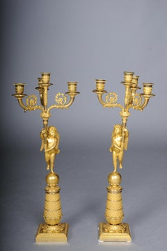 A Pair (2) Fire-Gilded Bronze Girandoles/Candlesticks in the Empire Style, Paris