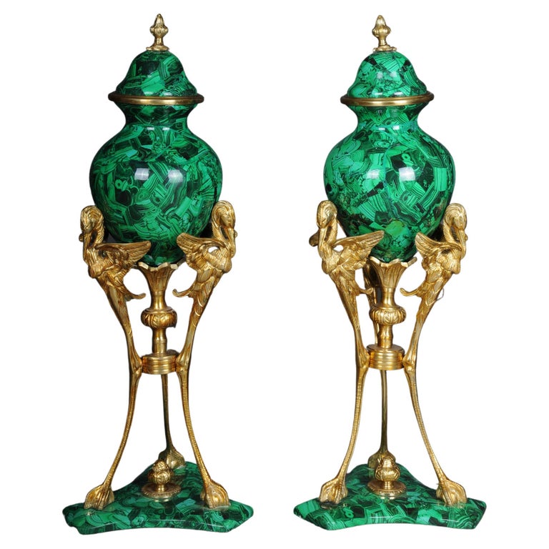 Pair '2' of Impressive Table Vases with Malachite and Brass For Sale at