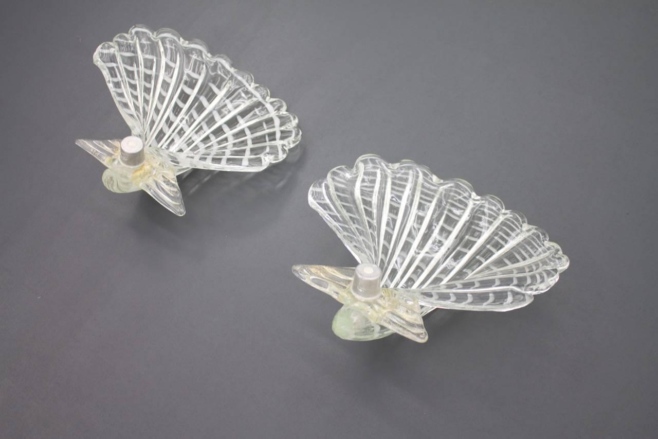 Mid-20th Century Pair of Murano Glass Shell Wall Sconces Lights, Italy, 1960s