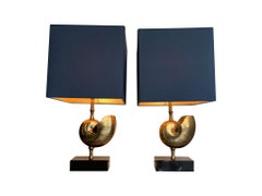 Pair a Brass "Nautilus" Lamps in the Style of Maison Charles with Blue Shades