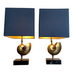 Pair a Brass "Nautilus" Lamps in the Style of Maison Charles with Blue Shades