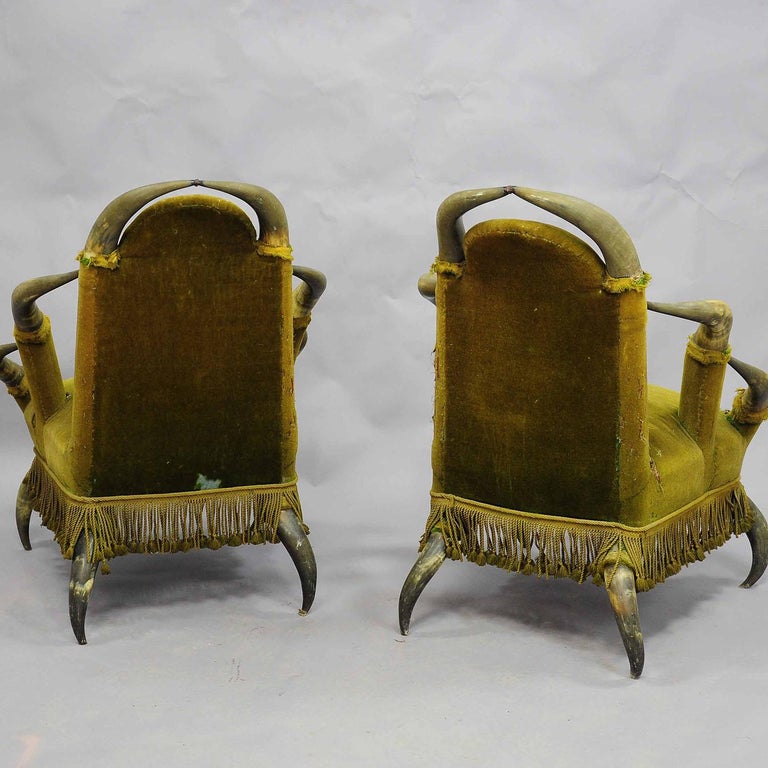 Black Forest Pair Antique Bull Horn Chairs Austria, 1870 For Sale