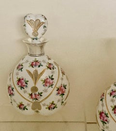 Pair Antique Sterling Silver Heart Shape Opalescent Glass Table Scent Bottles