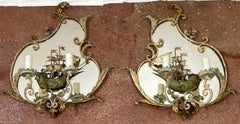 A Pair Antique Venetian Tole & Mirrored Ship Motif Sconces