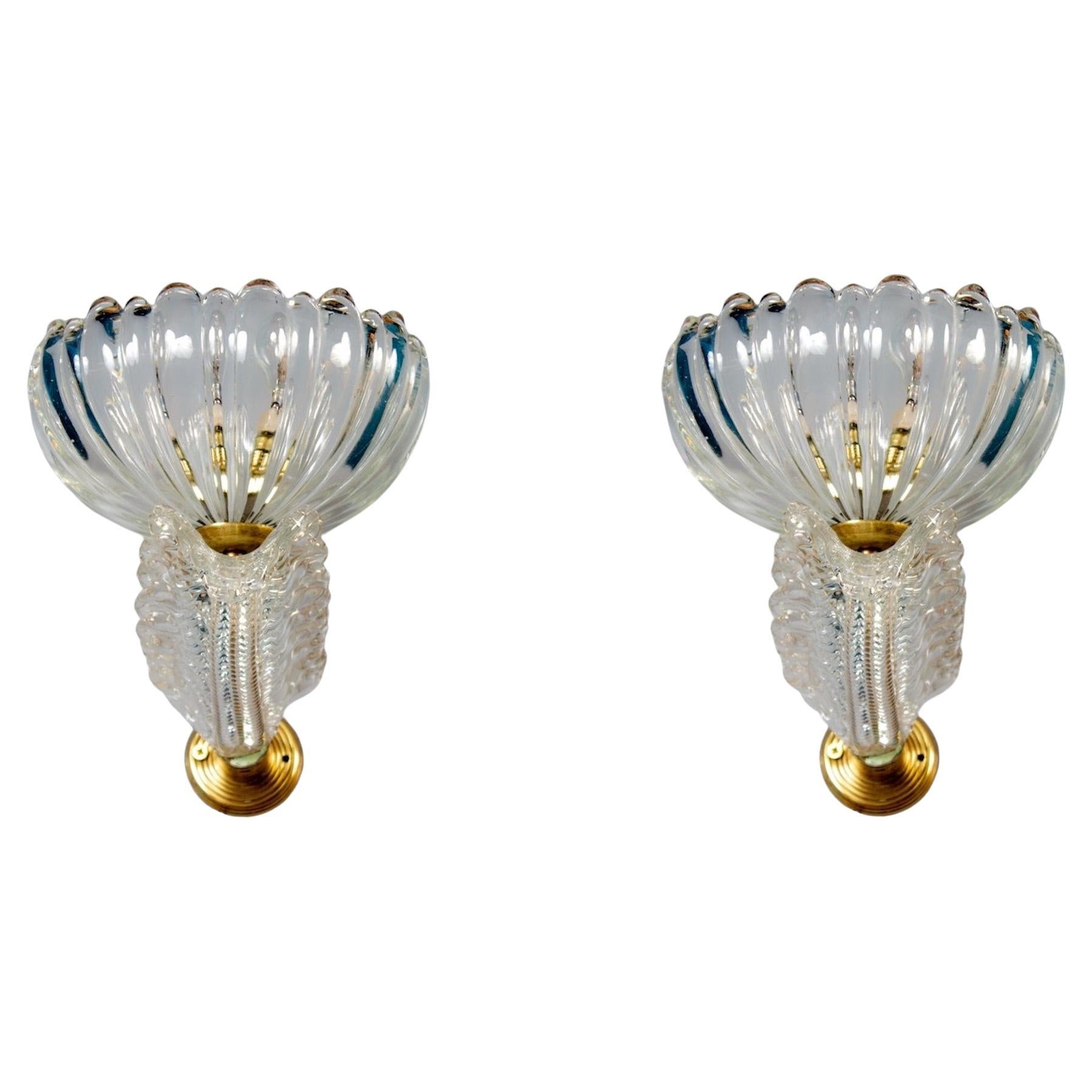 Paire d'appliques Art Déco en verre de Murano montées en laiton 1940' par Barovier