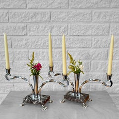 A pair art deco style candelabras candlesticks, chrome & marble, Sweden, 1950s