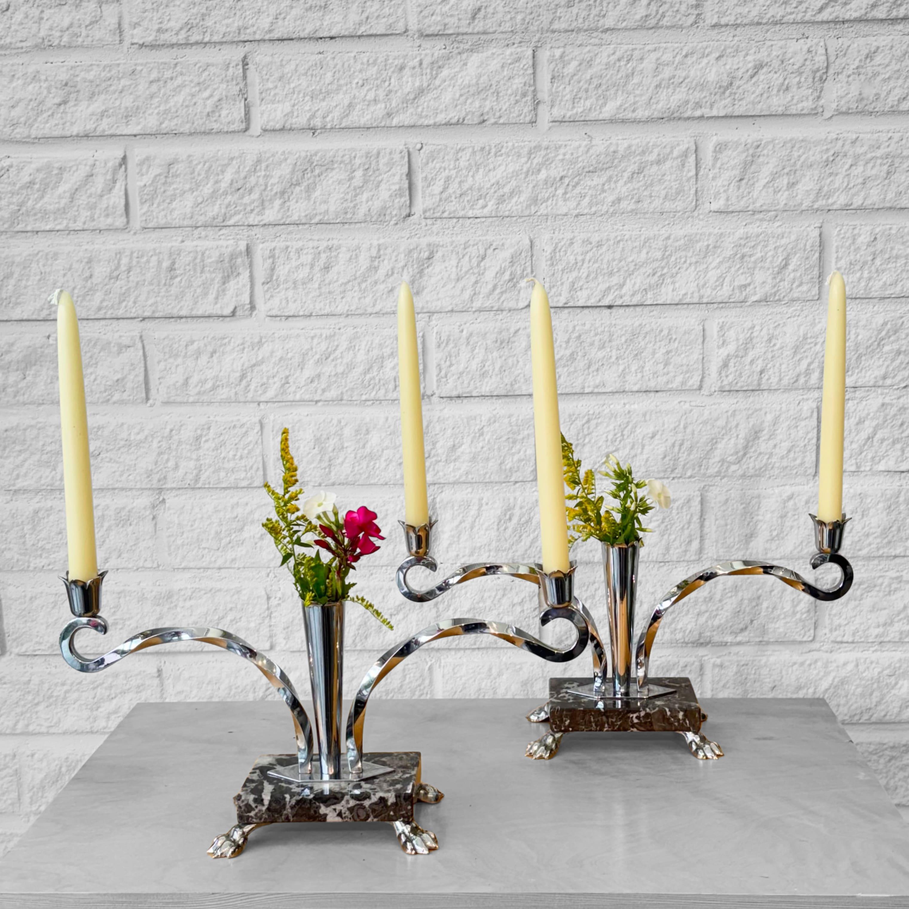 Art Déco Coppia di candelabri in stile art déco, cromo e marmo, Svezia, anni '50 in vendita