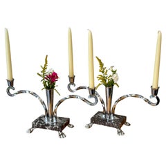 A pair art deco style candelabras candlesticks, chrome & marble, Sweden, 1950s