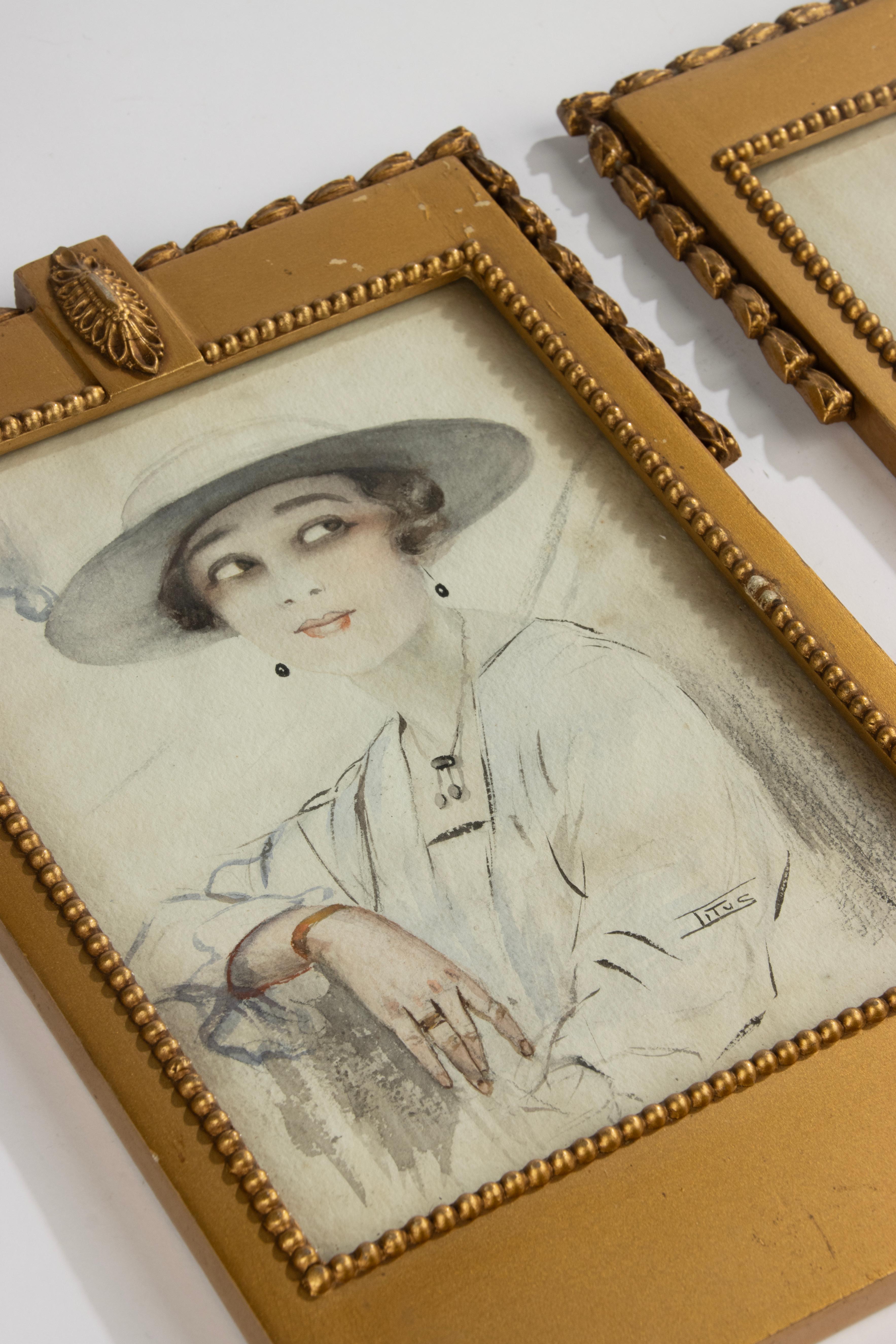 A Pair Art Deco Water Colour Paintings - Portraits of Woman - Signed Titus For Sale 3