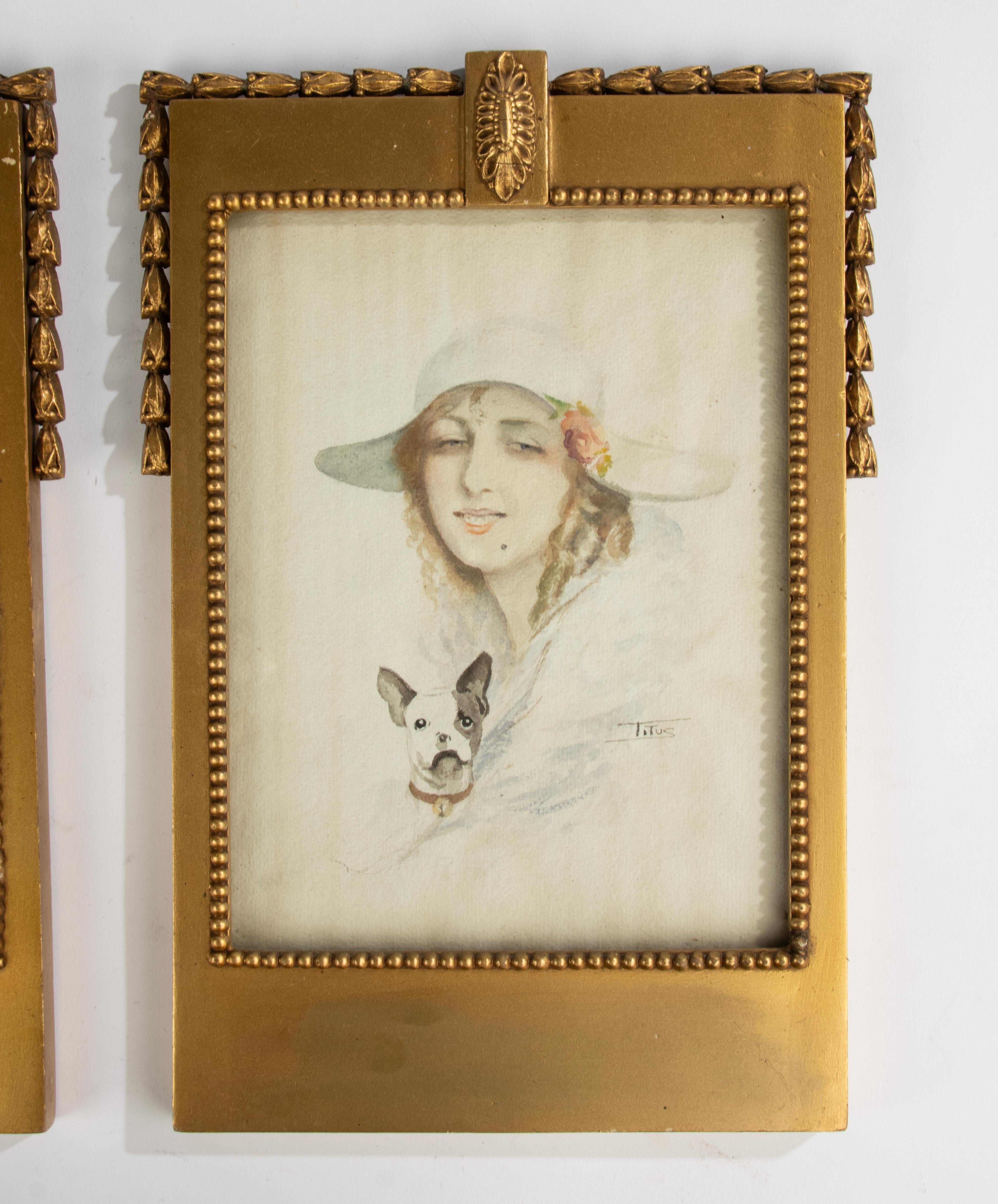 A Pair Art Deco Water Colour Paintings - Portraits of Woman - Signed Titus For Sale 4