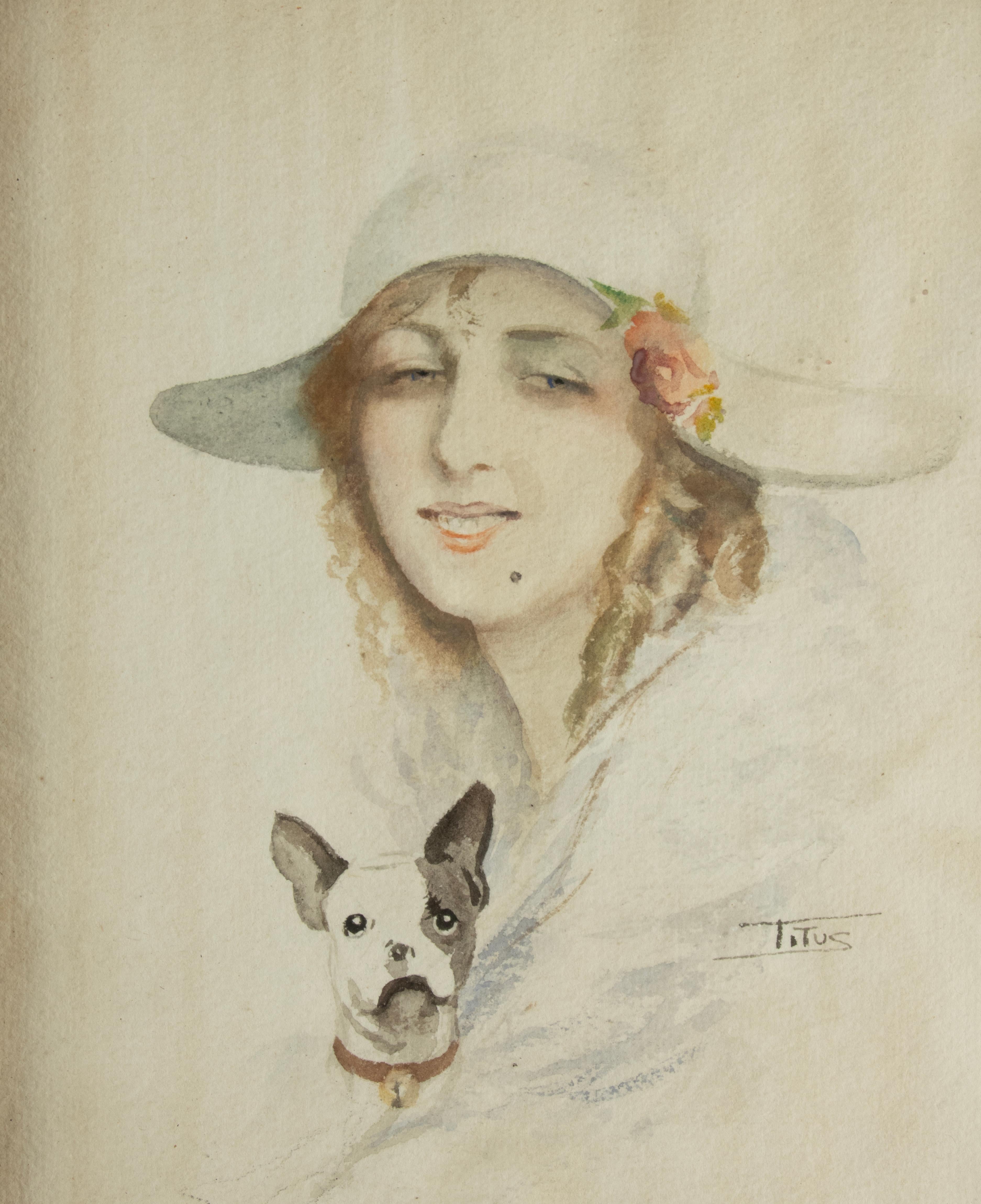 A Pair Art Deco Water Colour Paintings - Portraits of Woman - Signed Titus For Sale 5