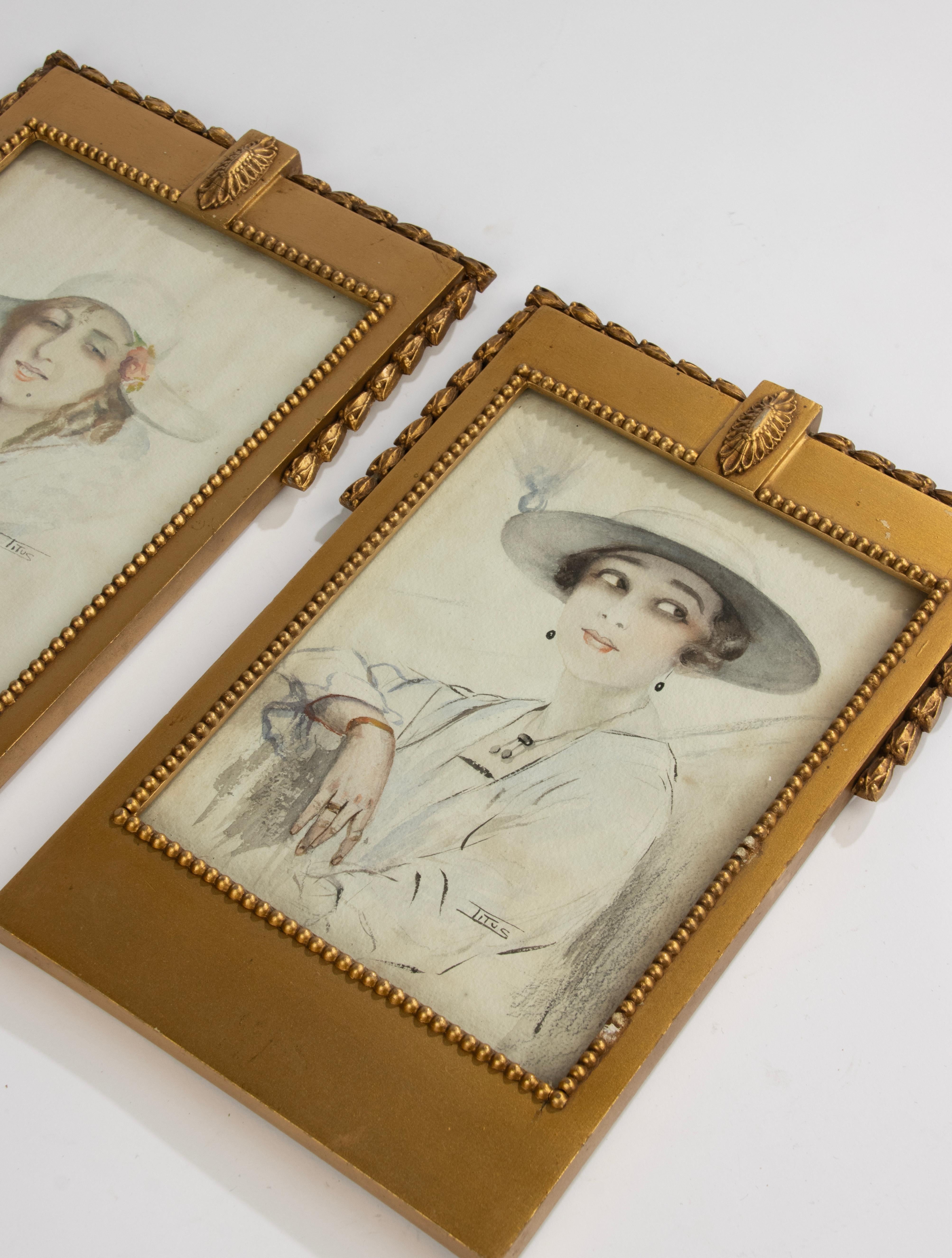 A Pair Art Deco Water Colour Paintings - Portraits of Woman - Signed Titus For Sale 9
