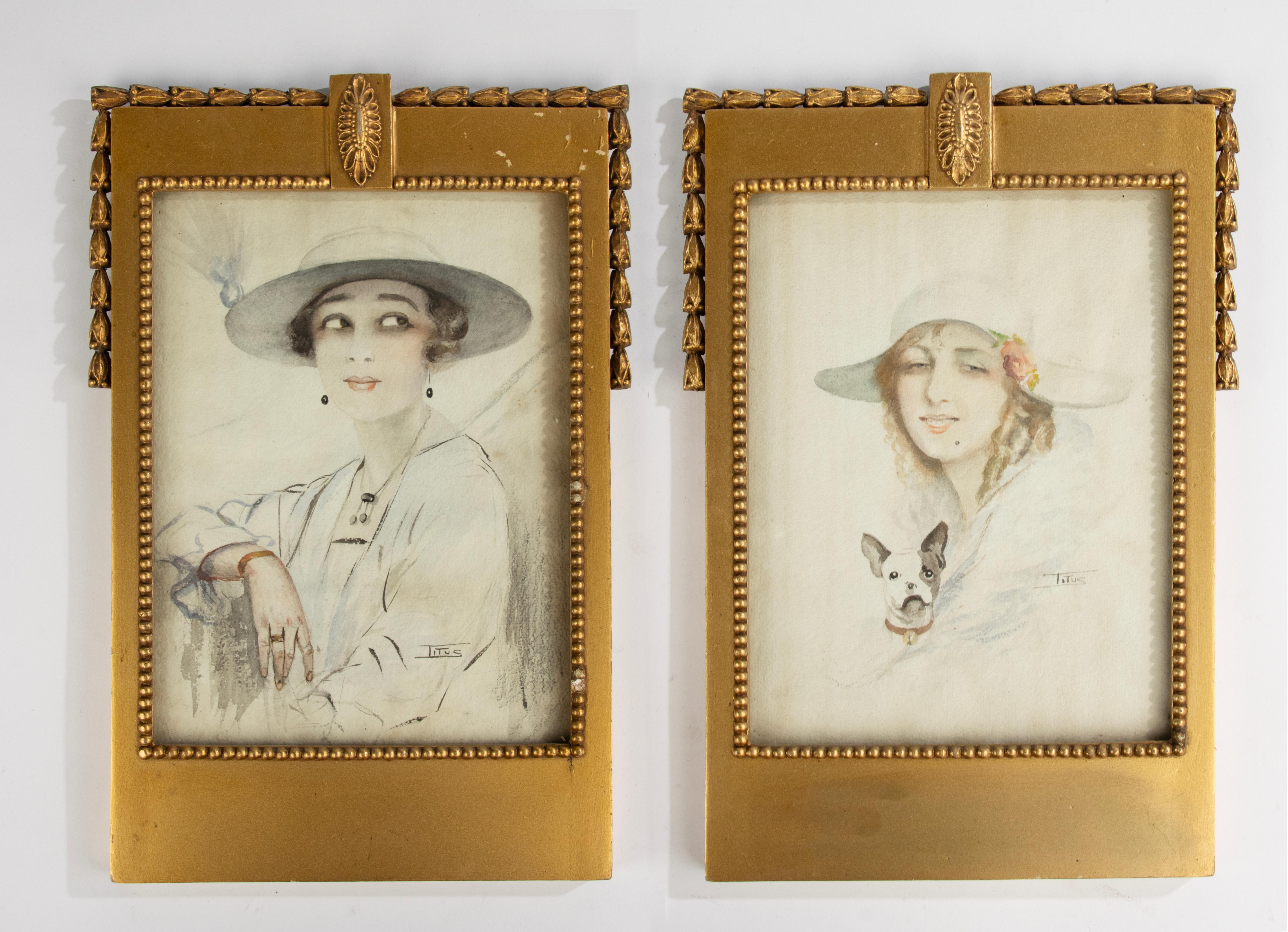 A lovely set of two original watercolor paintings, portraits of women.
The set dates from the Art Deco period, circa 1920-1930.
The paintings are framed behind glass in special original frames, also from the Art Deco period.
Both works are signed