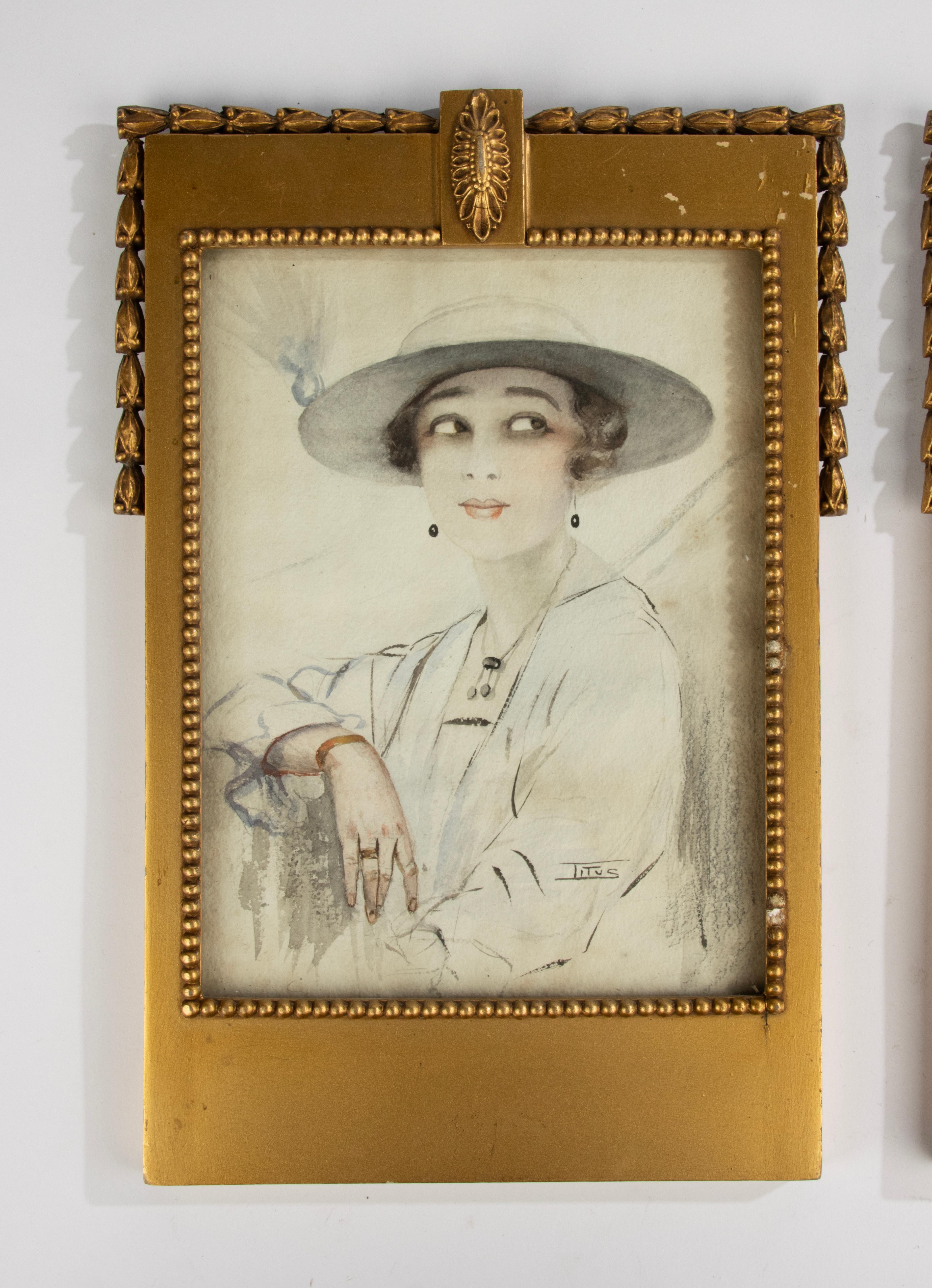 French A Pair Art Deco Water Colour Paintings - Portraits of Woman - Signed Titus For Sale