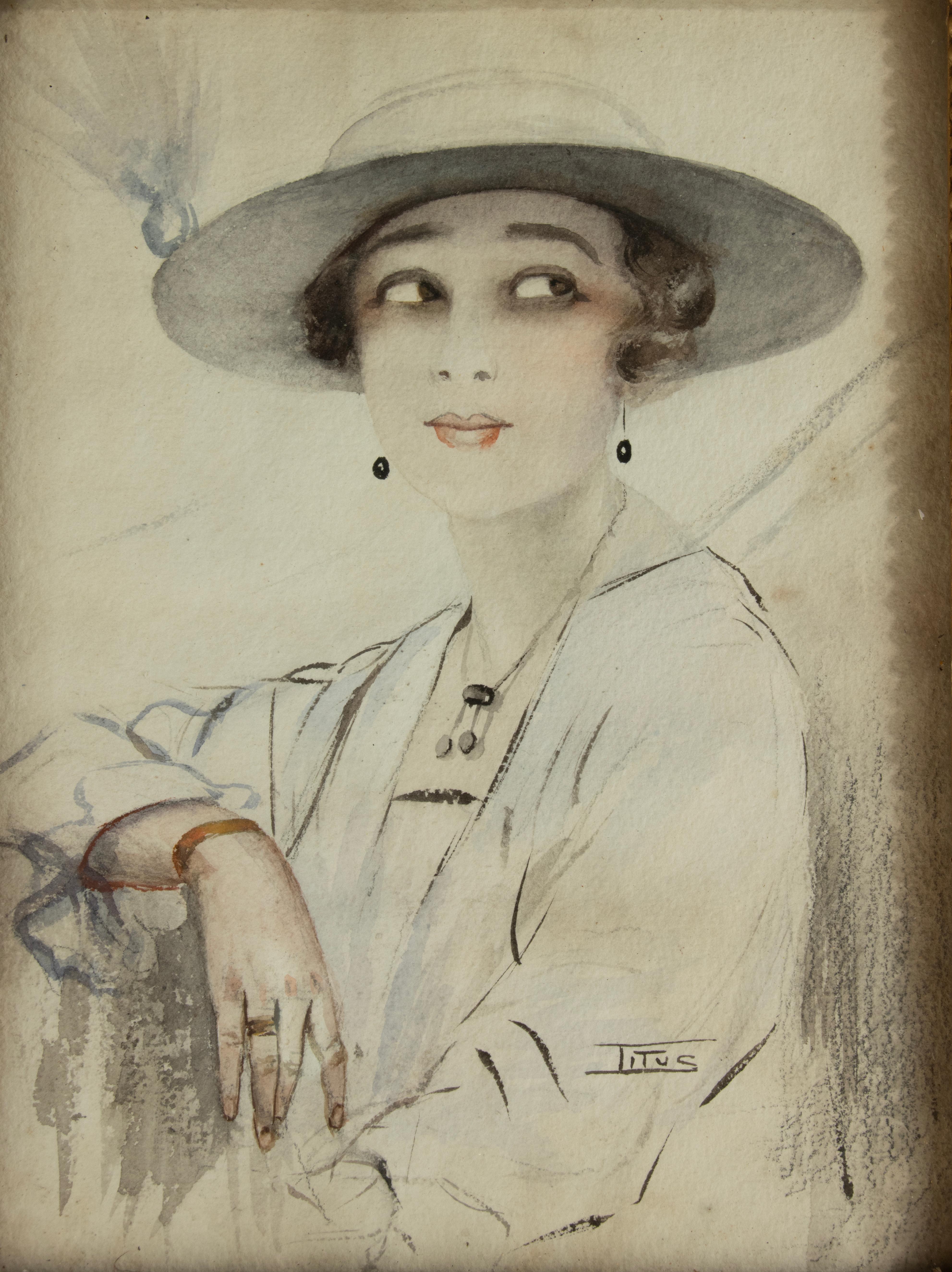 Hand-Painted A Pair Art Deco Water Colour Paintings - Portraits of Woman - Signed Titus For Sale