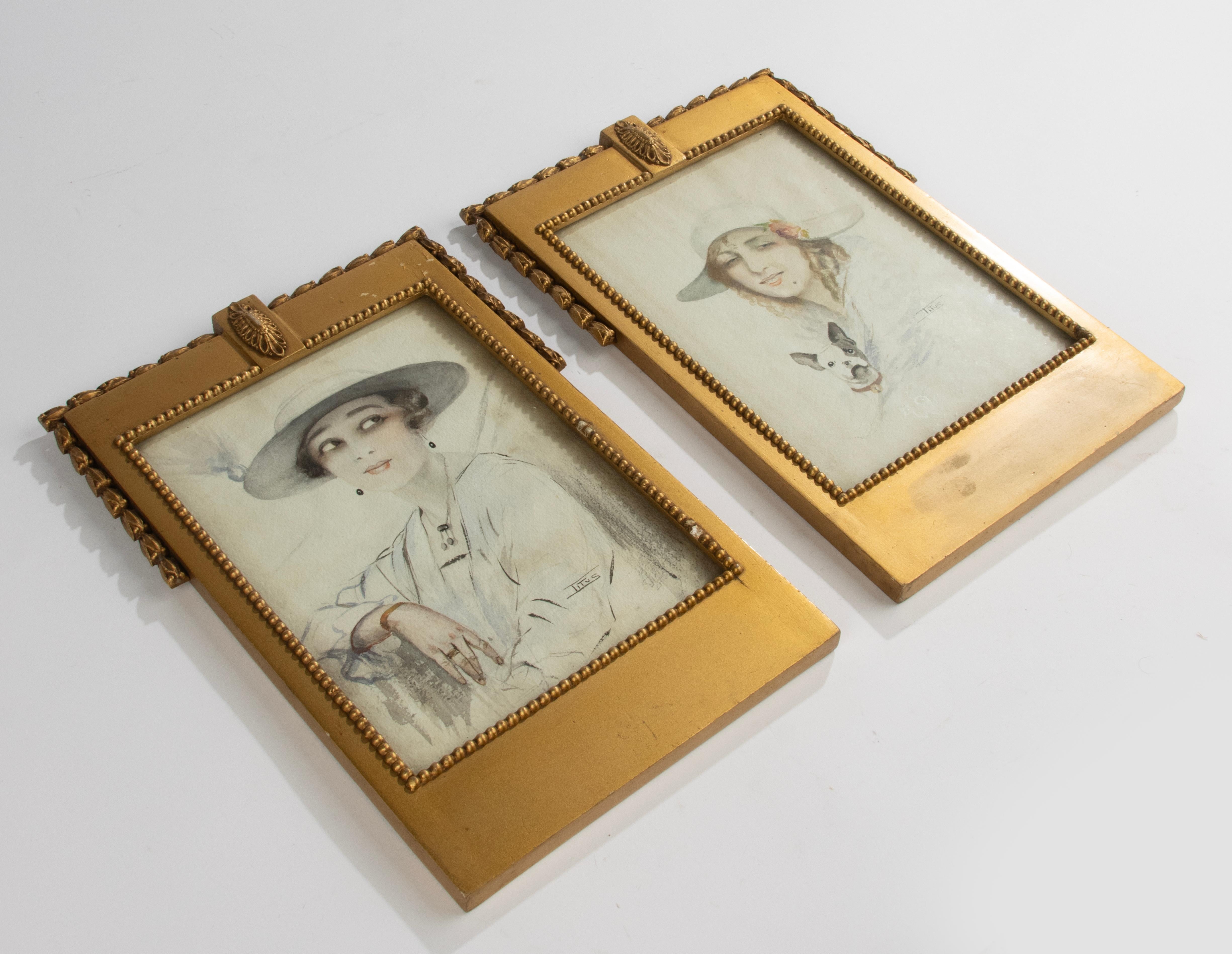 A Pair Art Deco Water Colour Paintings - Portraits of Woman - Signed Titus In Good Condition For Sale In Casteren, Noord-Brabant