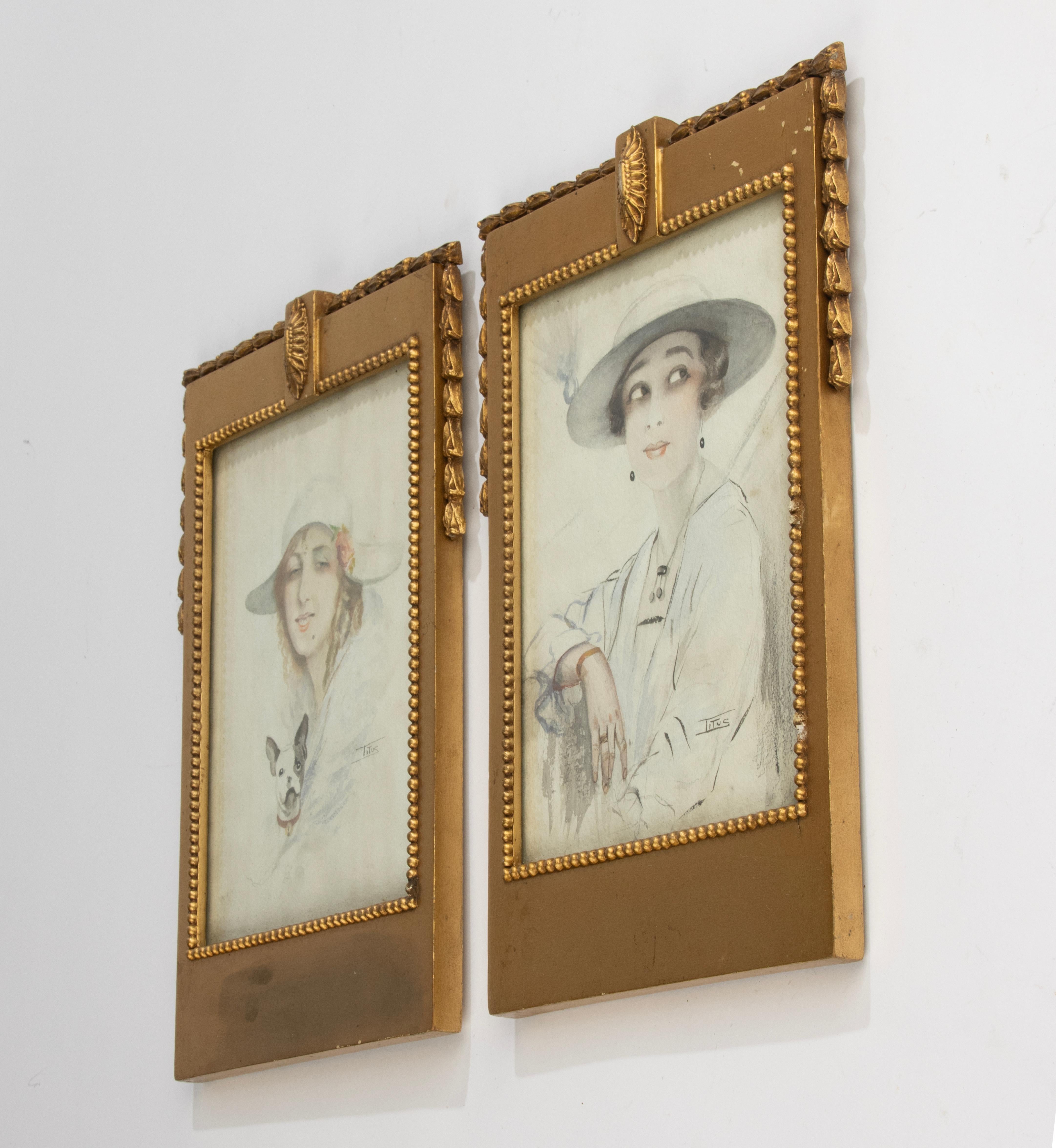 Glass A Pair Art Deco Water Colour Paintings - Portraits of Woman - Signed Titus For Sale