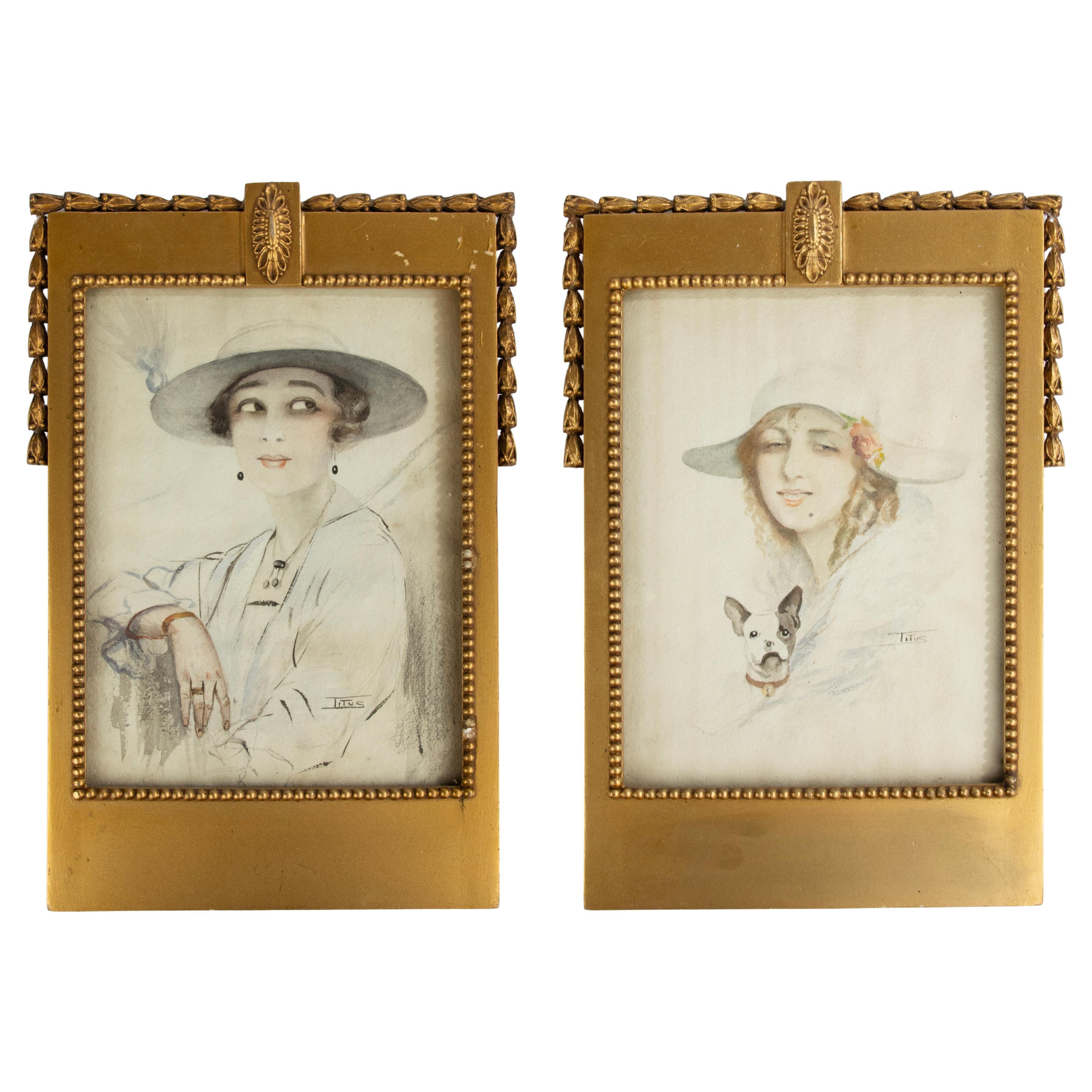 Coppia di dipinti ad acqua in stile Art Déco - Ritratti di donna - Firmati Titus