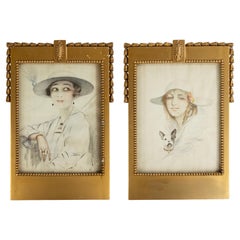 Coppia di dipinti ad acqua in stile Art Déco - Ritratti di donna - Firmati Titus