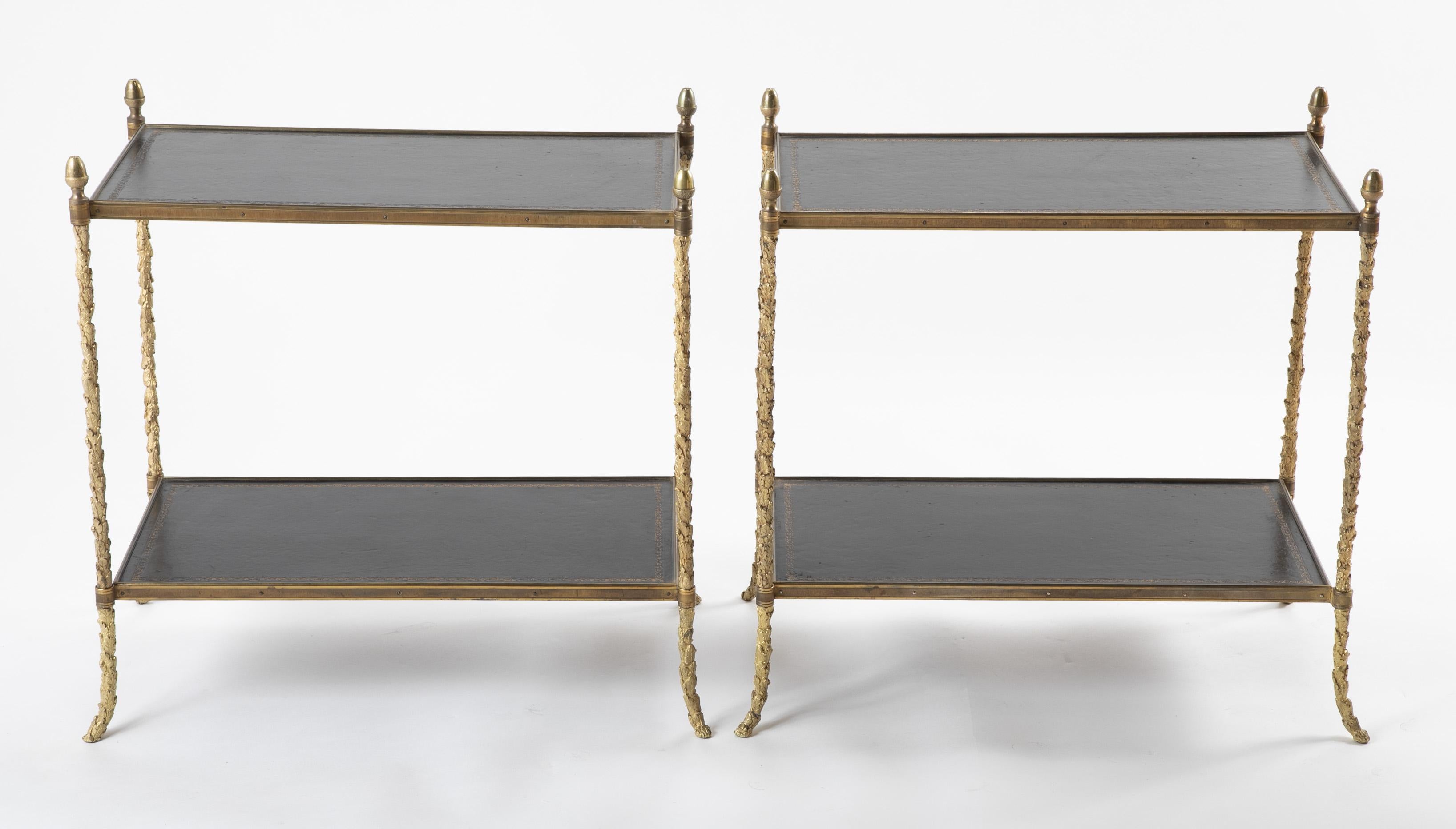 European Pair of Baguès Leather and Gilt Bronze Side Tables