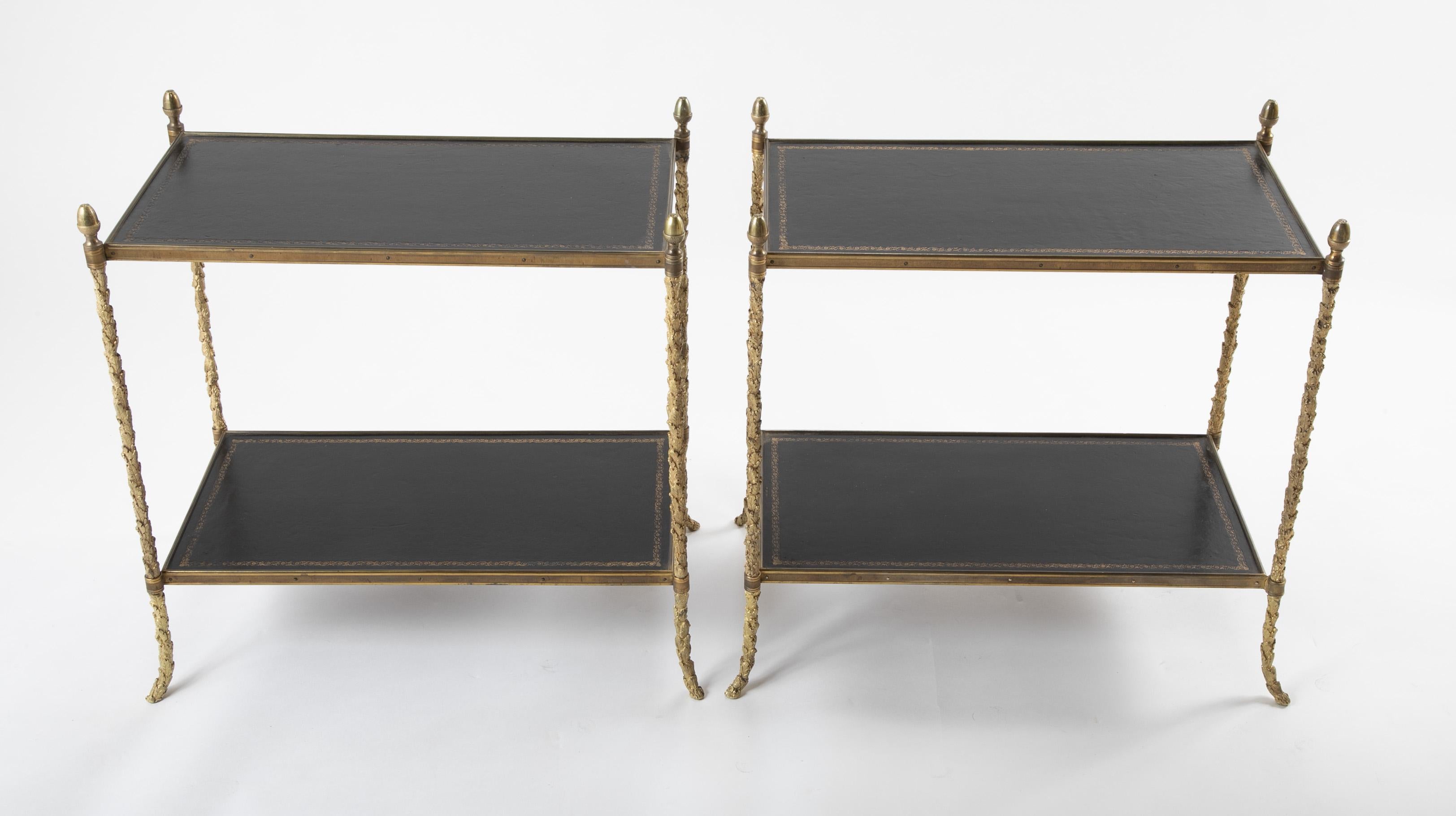 Mid-20th Century Pair of Baguès Leather and Gilt Bronze Side Tables