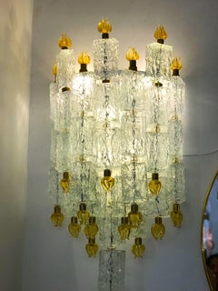 Pair of Barovier & Toso Glass Blocks with Gold Tulip Sconces, 1940