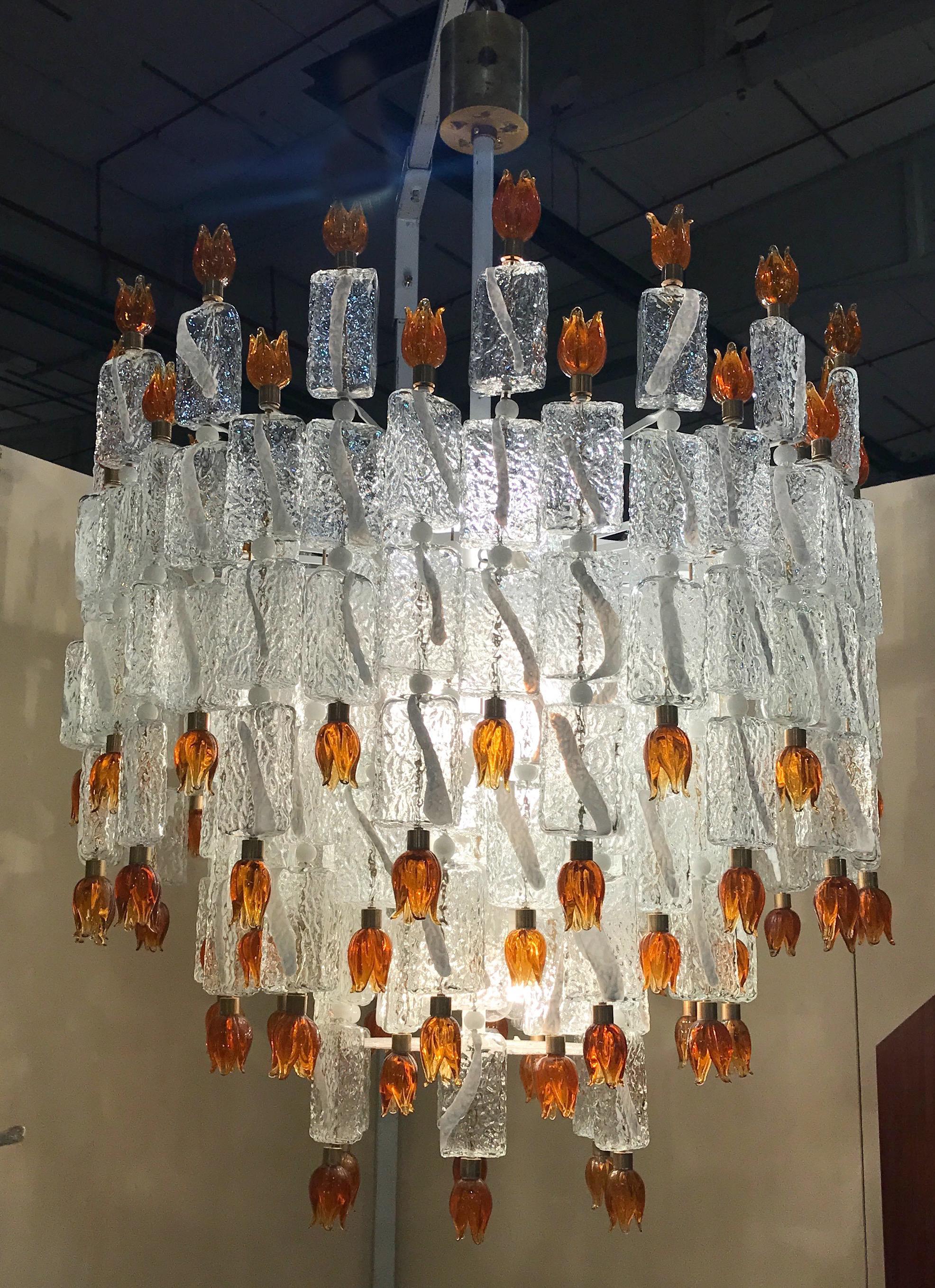 Blown Glass Pair of Barovier & Toso Glass Blocks with Gold Tulip Sconces, 1940 For Sale