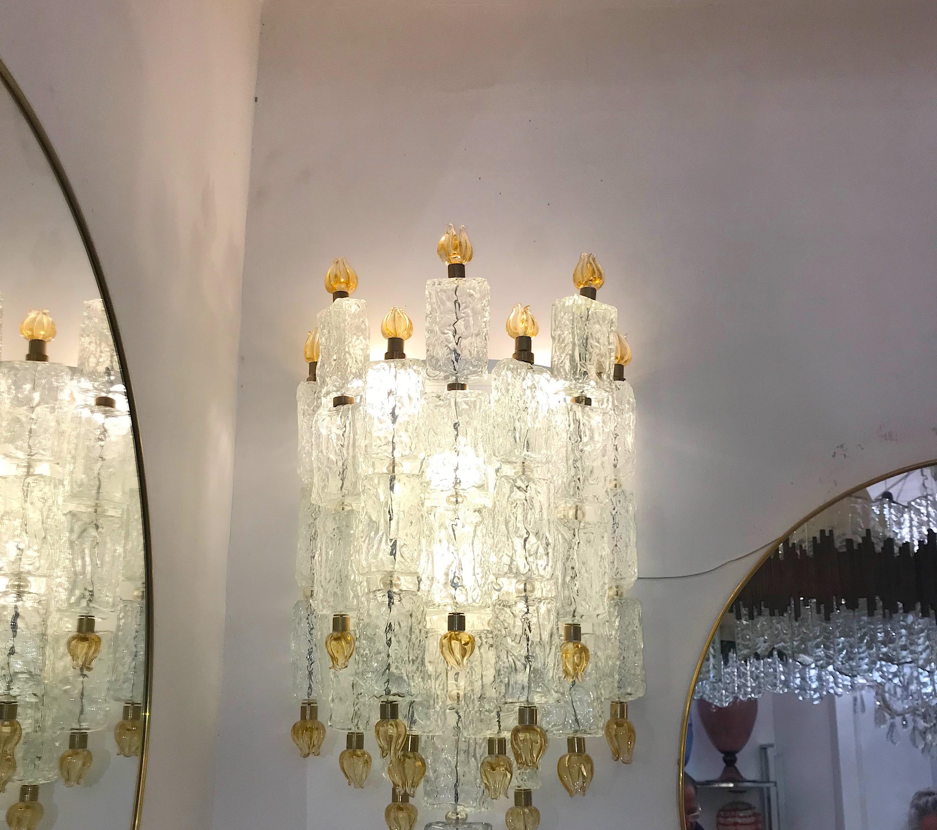 Pair of Barovier & Toso Glass Blocks with Gold Tulip Sconces, 1940 For Sale 2