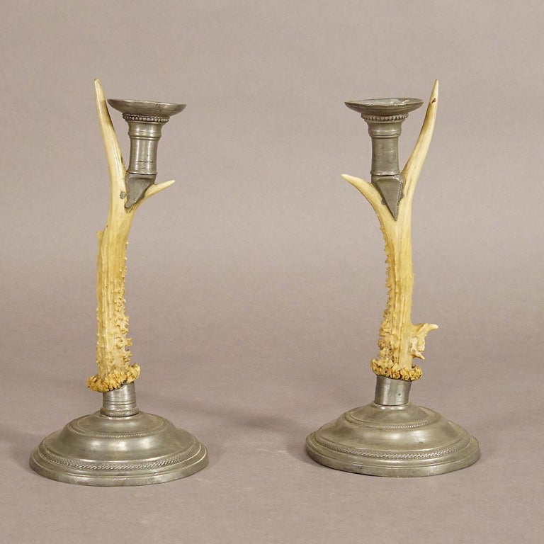 Pair Black Forest Candle Holders with Pewter Base and Spout, Germany