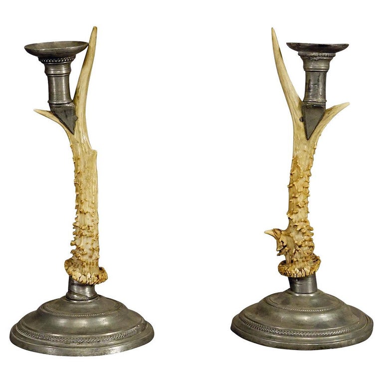 Pair Black Forest Candle Holders with Pewter Base and Spout, Germany