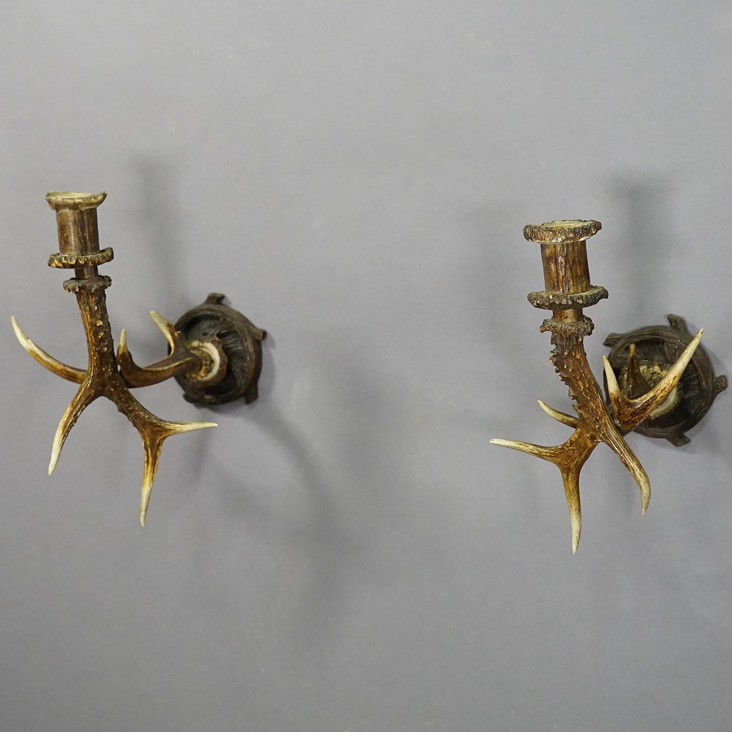 Hand-Crafted Pair Black Forest Candle Sconces with Deer Horns, Germany Ca. 1900