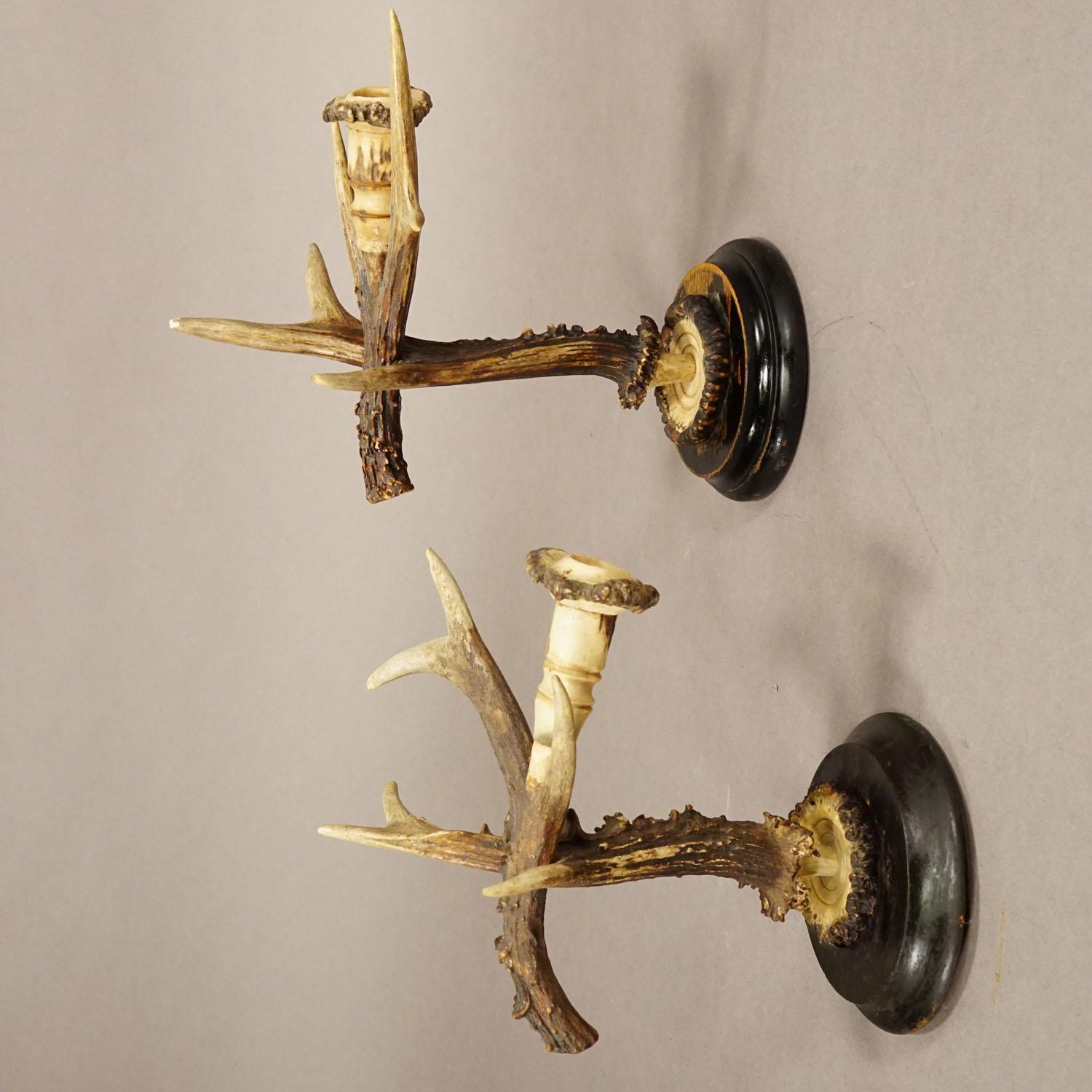 Rustic Pair Black Forest Wall Sconces with Deer Antlers, Germany circa 1900