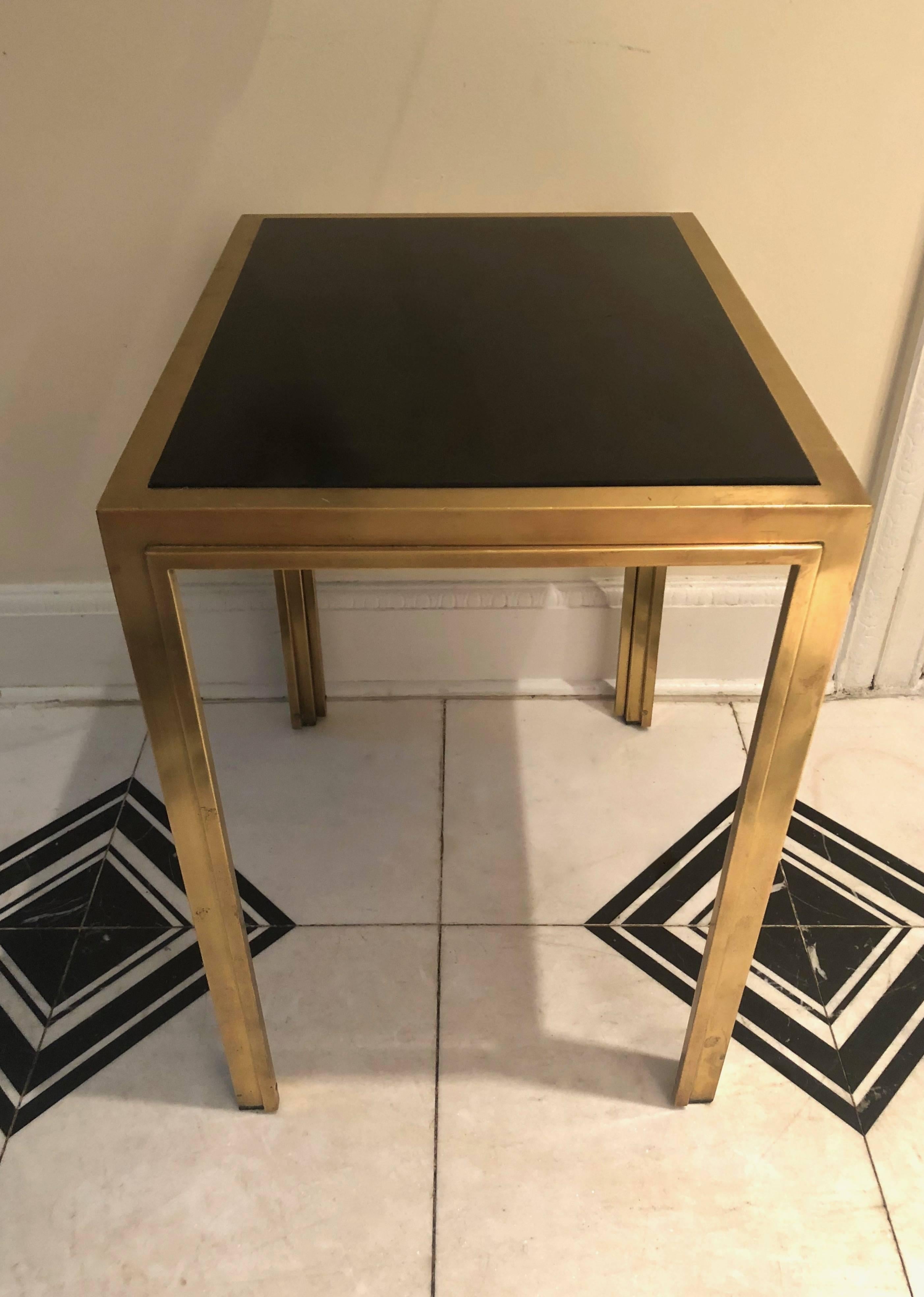 French A Pair Brass Side Tables Each with a Black Glass Top, France Circa 1935