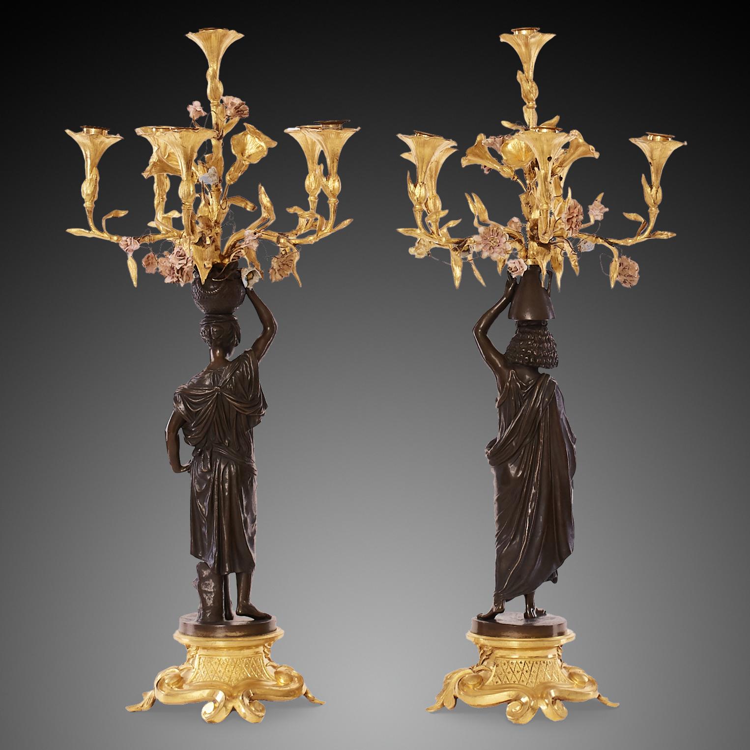 An exceptional and high quality pair of 19th century French Louis XVI. Brass lampstand and ormolu 06 arms. Each lampstand has an attractive and rich abrasive bronze cherub. A cherub with an ormolu wicker basket on its head, and one with ormolu