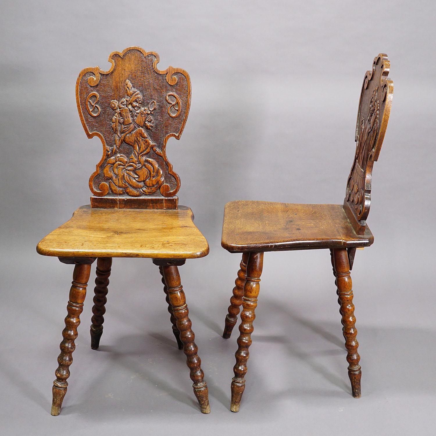 Nutwood A Pair Carved Bavarian Board Chairs ca. 1900 For Sale