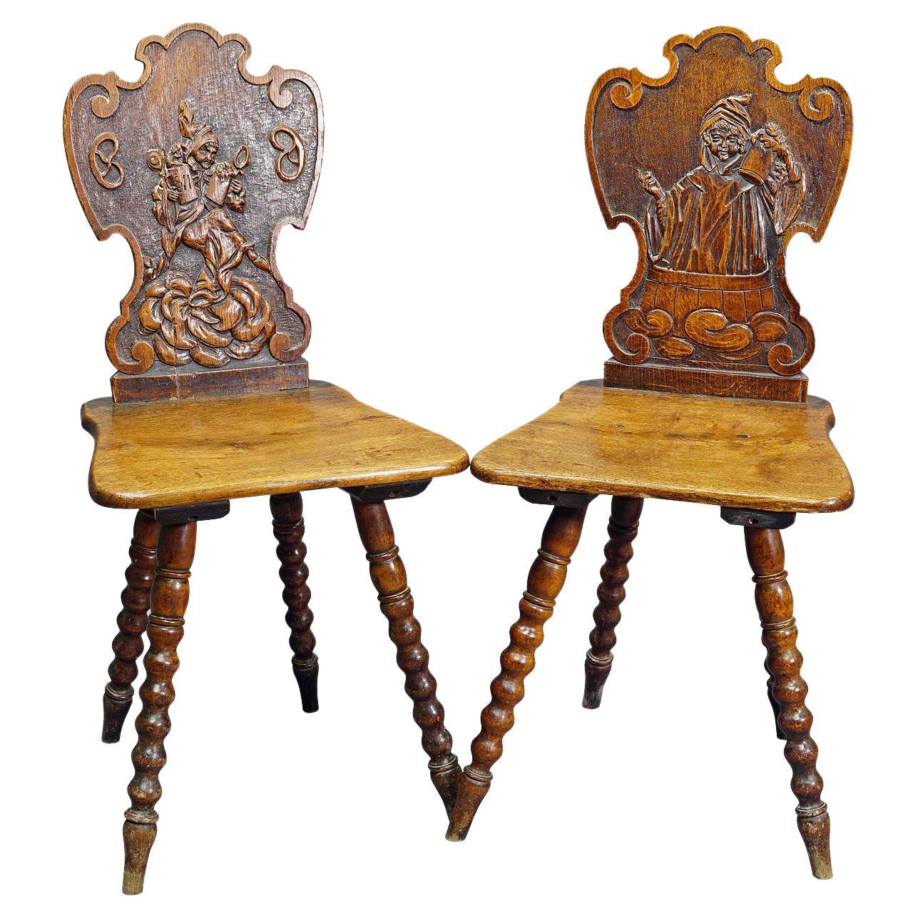 A Pair Carved Bavarian Board Chairs ca. 1900 For Sale