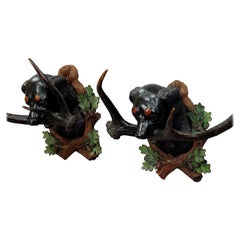 Pair of Carved Wood Staghound Heads by Rudolph Heissl