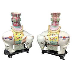 Used Pair Chinese Porcelain Famille Rose Elephant Candle Holders