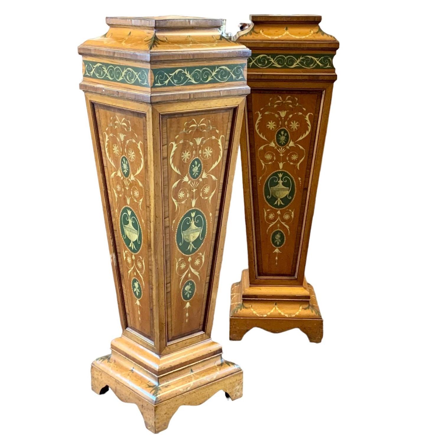 A Pair Edwardian polychrome Painted Satinwood Pedestals For Sale 5