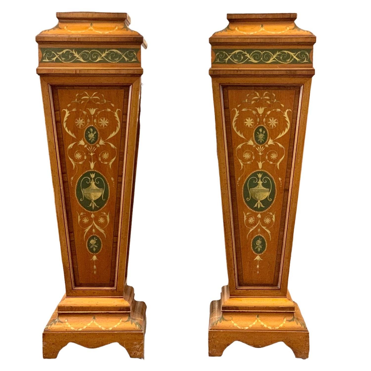 A Pair Edwardian polychrome Painted Satinwood Pedestals For Sale 6