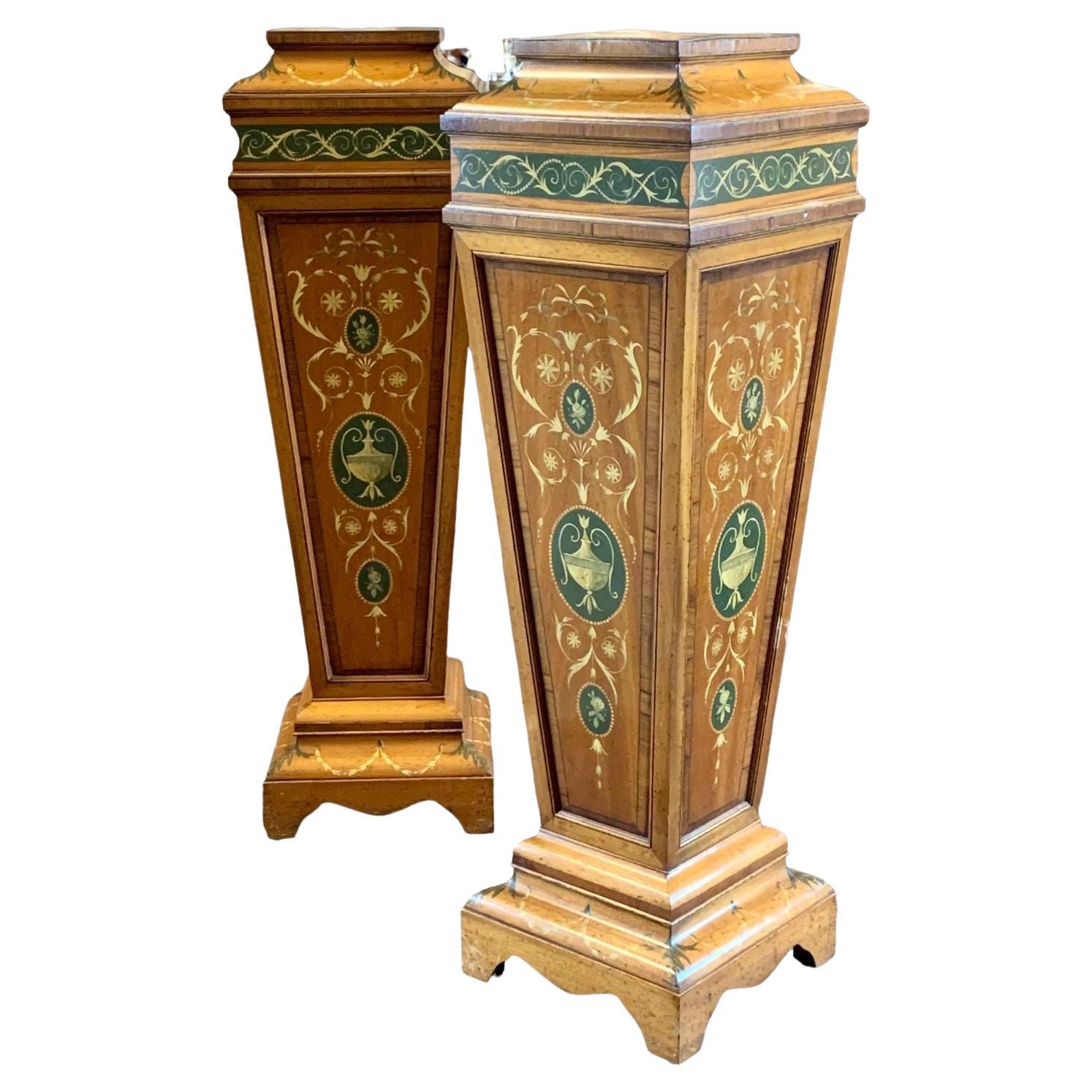 A Pair Edwardian polychrome Painted Satinwood Pedestals