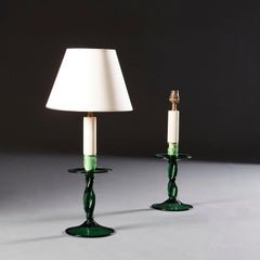 Pair of Twisted Green Glass Candlestick Lamps