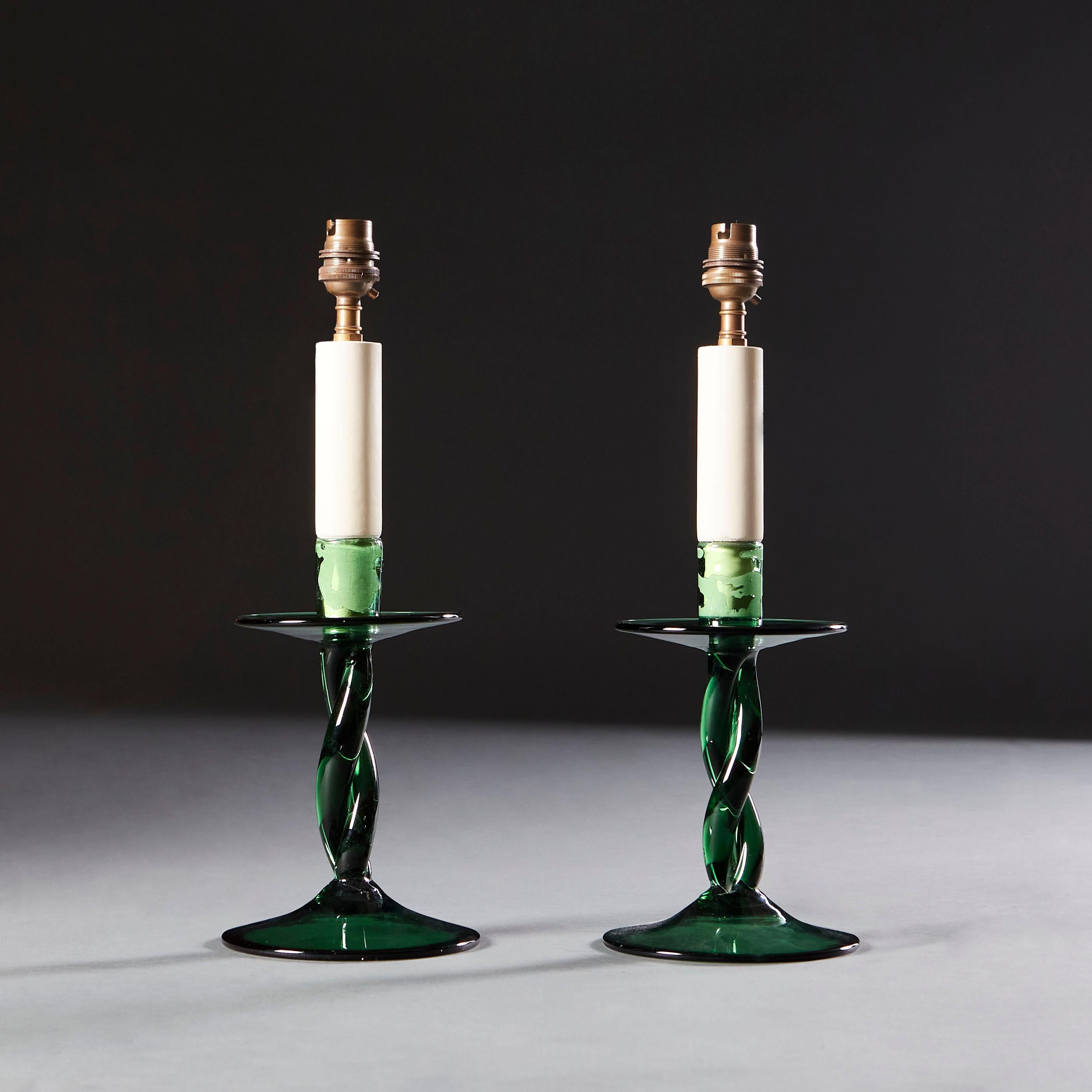 French Pair of Twisted Green Glass Candlestick Lamps