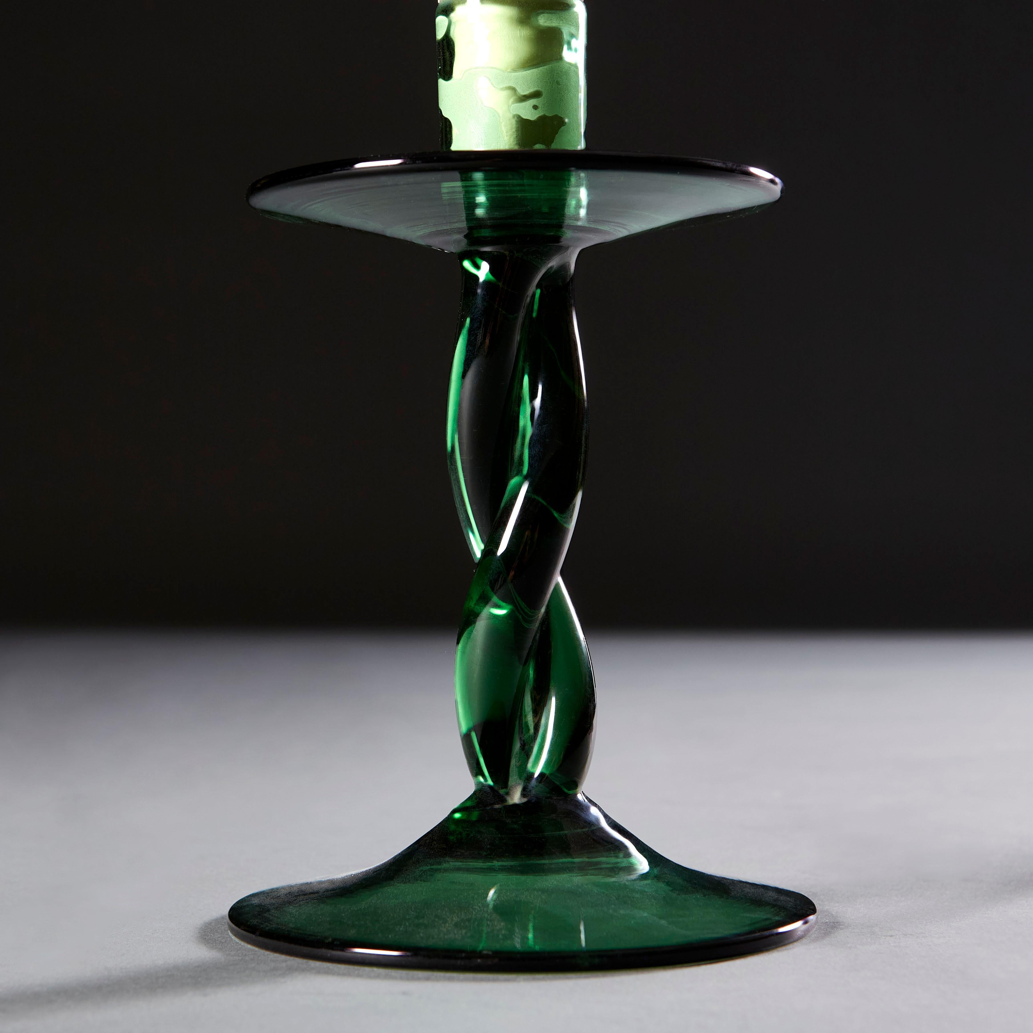 Pair of Twisted Green Glass Candlestick Lamps In Good Condition In London, GB