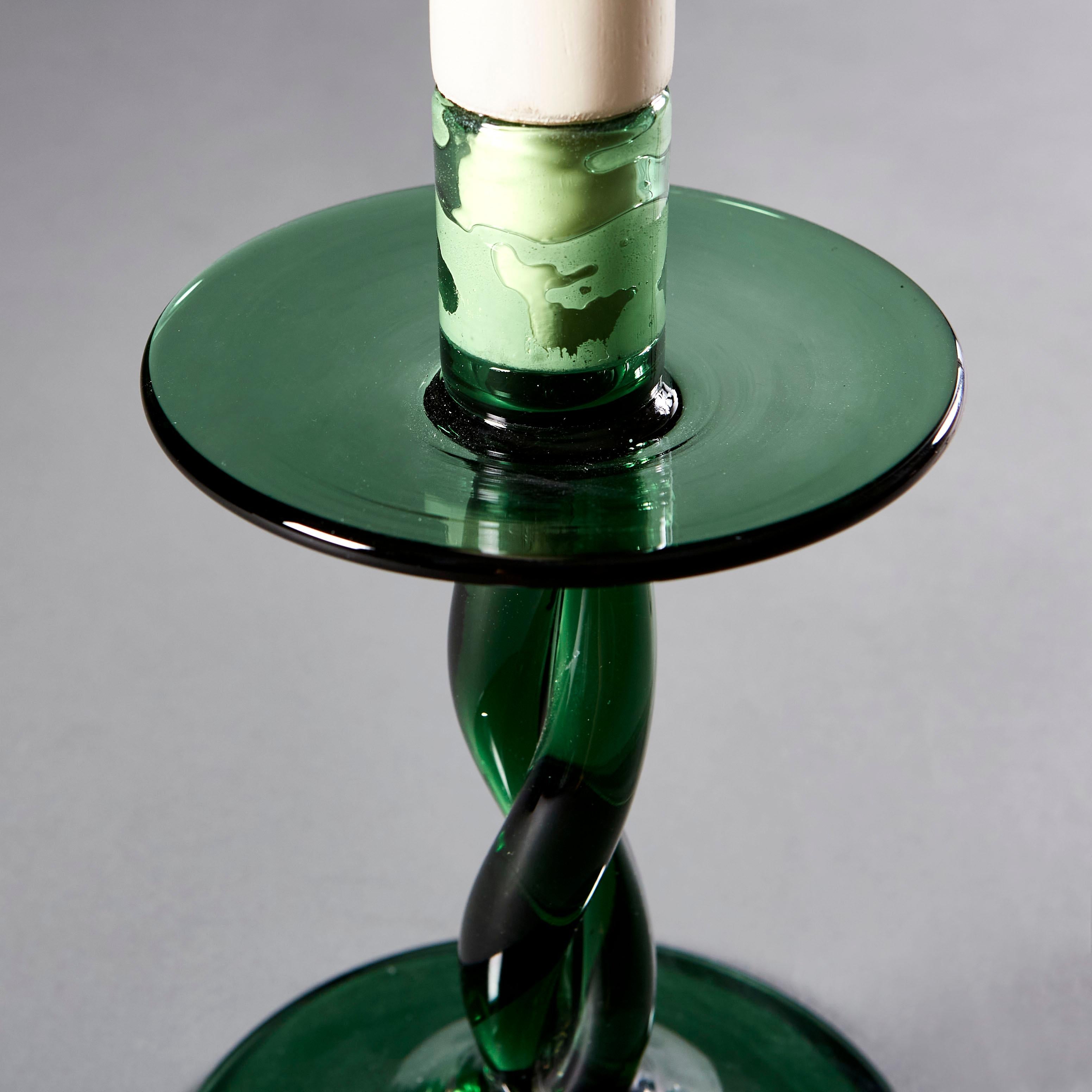 20th Century Pair of Twisted Green Glass Candlestick Lamps