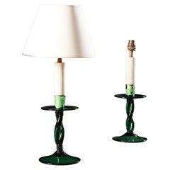 Pair of Twisted Green Glass Candlestick Lamps