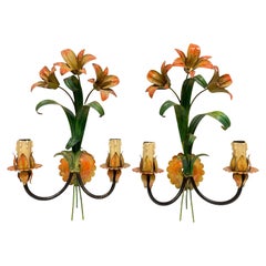 Pair Florentine Flower and Leaf Two-Light Wall Light Sconce Vintage, Italy