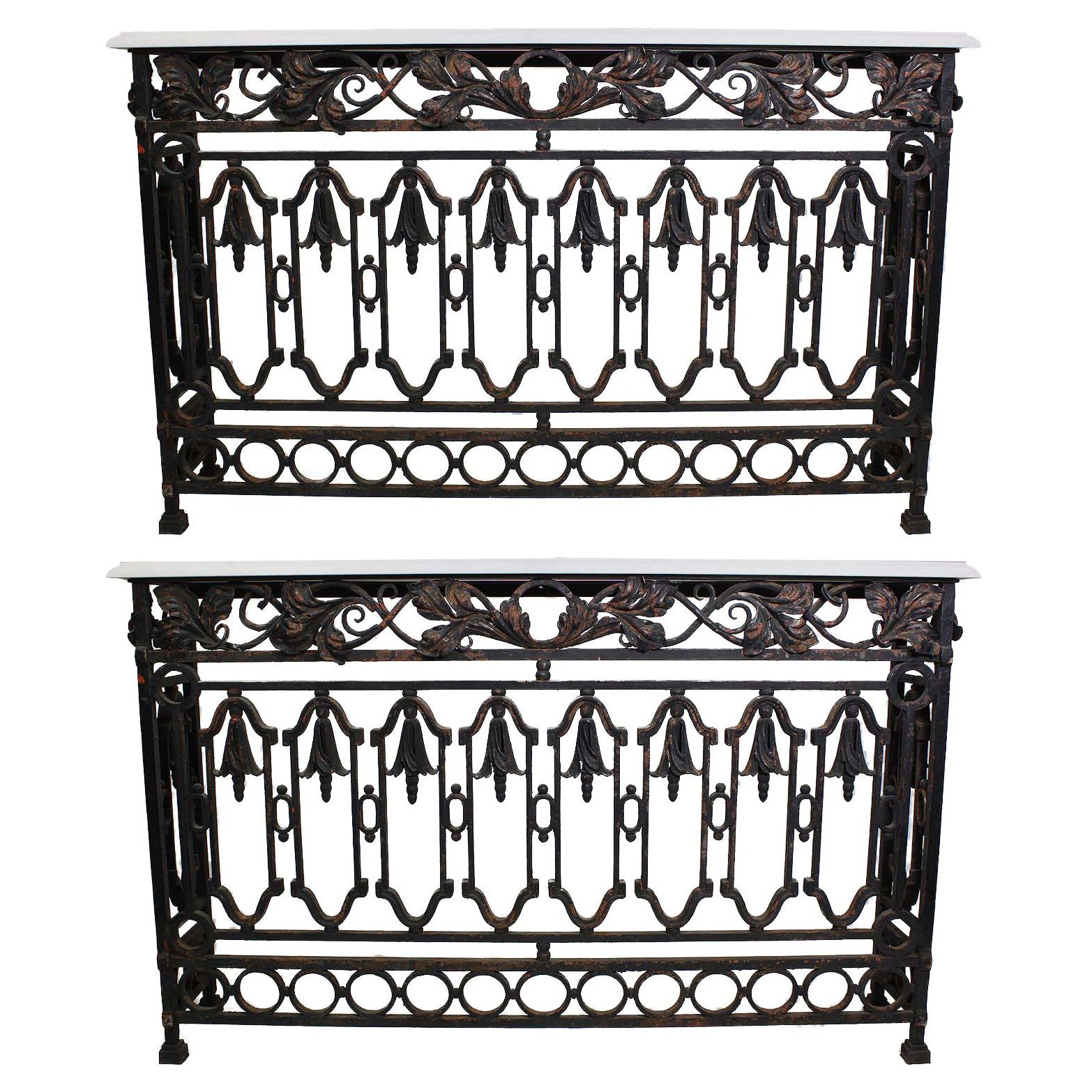 A Pair French, 19th C. Baroque Style Wrought Iron Wall Console Tables Marble Top