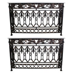 A Pair French, 19th C. Baroque Style Wrought Iron Wall Console Tables Marble Top