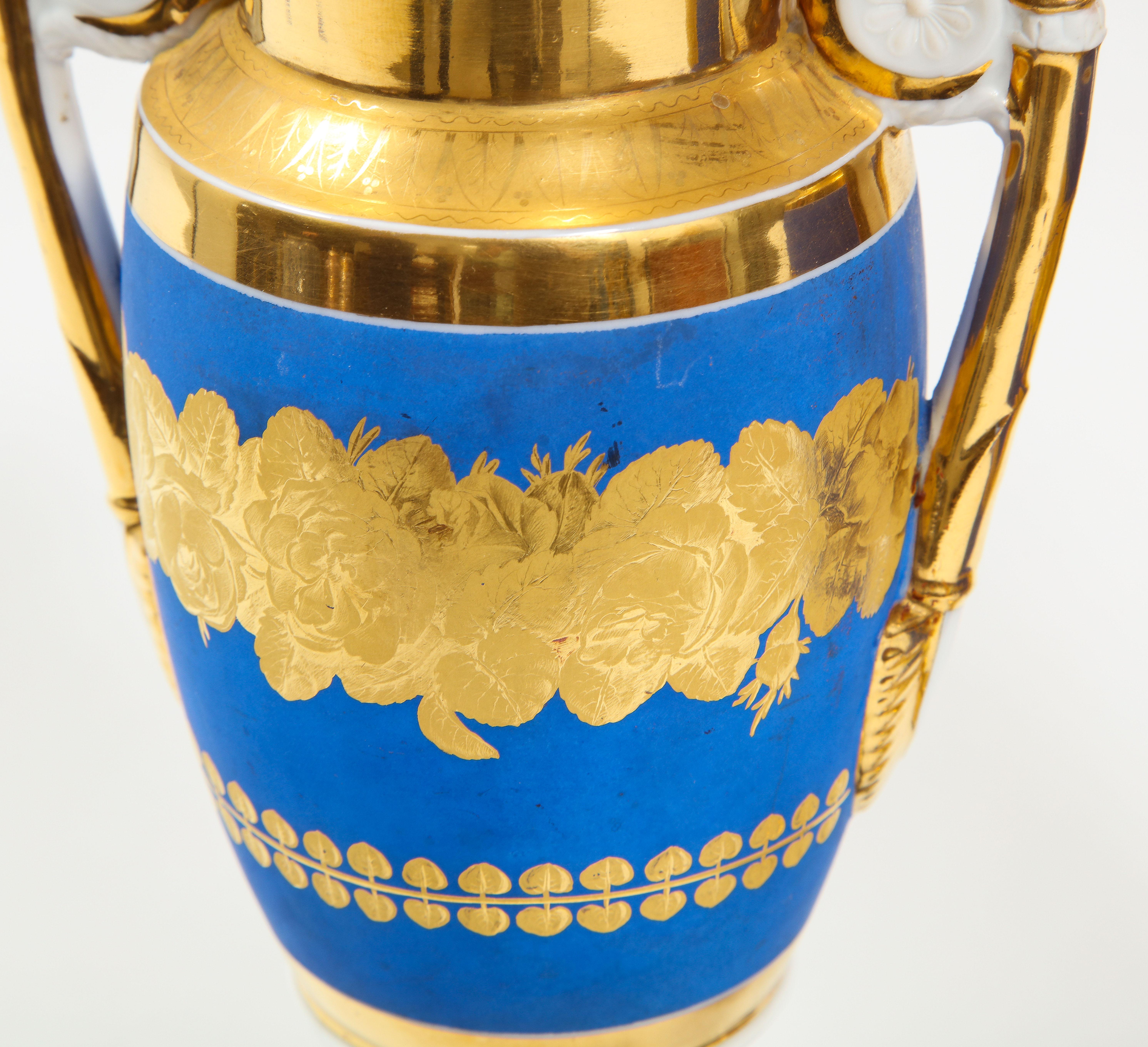 Pair French 19th C. Blue & 2-Tone Gold Ground Porcelain Vases w/ Gold Handles For Sale 4
